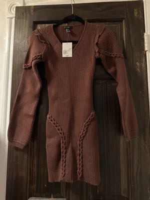 Forever 21 Brown Ribbed V-Neck Sweater Dress with Braided Detail thumbnail 1