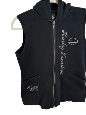 Harley Davidson Hooded Sweatshirt Vest Zip Up Rhinestone Y2K Black Medium thumbnail 8