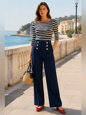 Ralph Lauren high waist Navy Sailor Pants Wide Leg Silk Cotton Blend Old Money 6 thumbnail 4