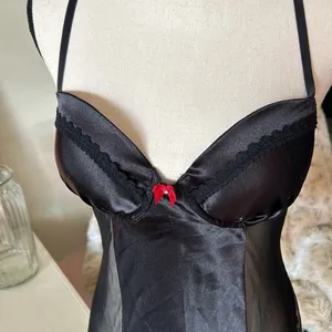 Dolls Kill Black satin sheer mesh ruffle sexy goth vamp maid nighty slip mini dress M​​​​​ thumbnail 2