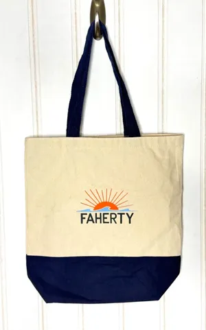Faherty Canvas Tote Bag Cream Navy Blue Sun Wave Logo Coastal Surf Reusable Bag thumbnail 1