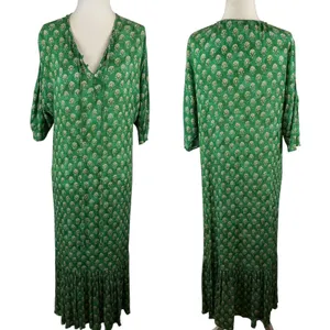 Zara Green Block Print Floral Hem Midi Dress XS Boho Prairie Cottage Relaxed thumbnail 2