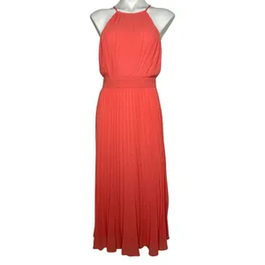 FLYING TOMATO Neon Coral Midi‎ Dress Accordion Pleat Size M High Neck thumbnail 2