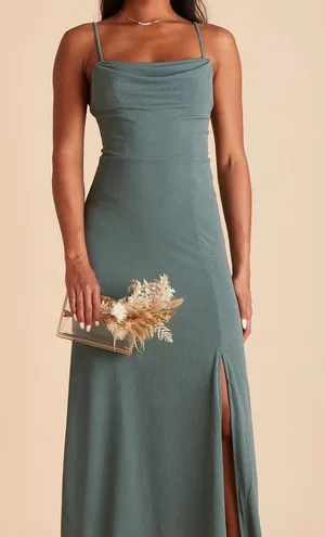 Birdy Grey Ash Crepe Sea Glass Bridesmaid Dress Party cowl neck slit floor length skinny spaghetti straps, invisible back zipper stretch crepe-L thumbnail 1