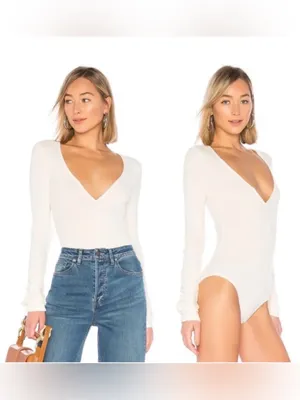 Free People Intimately Cozy Up With Me Ribbed V-Neck Bodysuit Sz L Balletcore thumbnail 3