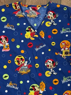 Disney Women’s Happy Halloween Blue Printed V-Neck Scrub Top thumbnail 3