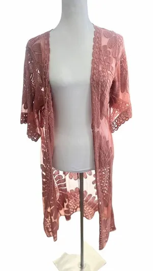 Rebellion Womens Cardigan Small‎ Rose Pink Lace Duster Robe Beach Cover Festival thumbnail 1