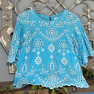 Sky Blue Eyelet Top Scalloped Bell Sleeves Studio JPP Womens Medium thumbnail 14