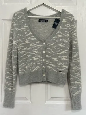 Abercrombie & Fitch Soft AF Cardigan S Fuzzy Animal Print Y2K Cozy Balletcore thumbnail 2