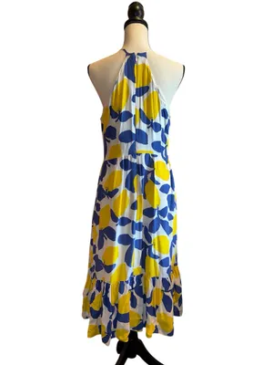LOFT 10 Lemon Midi Dress Yellow Blue back zipper keyhole ruffles linen blend thumbnail 3