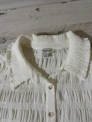 Anthropologie Maeve Cream Smocked Ruffle-Cuff Collared Top Size Large thumbnail 7