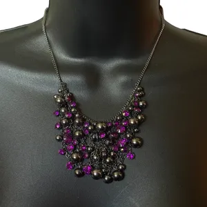 Gunmetal purple stone cluster bib necklace thumbnail 1