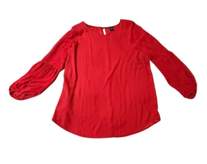 Ann Taylor Factory Red Balloon Sleeve Blouse Top XL Crew Neck Keyhole Pleated thumbnail 1