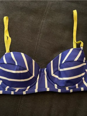 Y2K Juicy Couture Striped Blue & White Bikini Top with Yellow Straps Size Large thumbnail 2