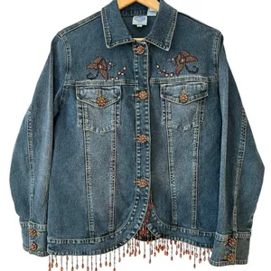 Diane Gilman Women’s Denim‎ Funky Boho Jacket Rhinestone Buttons Beaded Fringe thumbnail 1