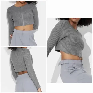 Wild Fable Rib Knit Zip Front Crop Sweater Gray Long Sleeve Women’s L NWT thumbnail 2