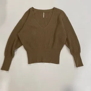 Free People Ribbed Knit V Neck Sweater XS Tan Fitted Cropped Boho thumbnail 2