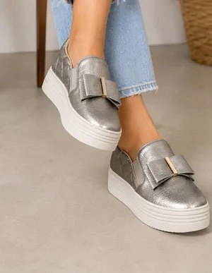 Joy Luxe Genuine Leather Bow Platform Sneakers Orthotic Slip On Pewter‎ 7.5W thumbnail 1