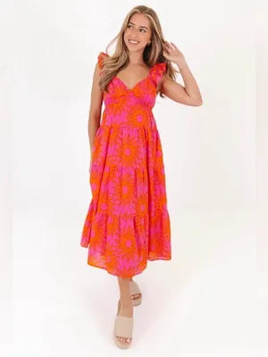 NWT J.Marie Mara Ruffle Sleeve Sunshine‎ Print Pink Boho Tie Back Midi Dress thumbnail 2
