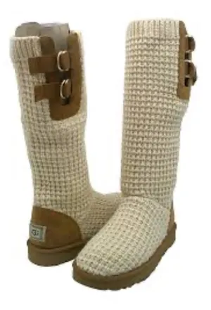 UGG Cream Knit Tall Heeled Boots with Chestnut Suede Trim thumbnail 1