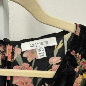 Lucy Paris‎ Black Floral Velvet Burnout Faux Wrap Midi Dress Pink Flowers Small thumbnail 8