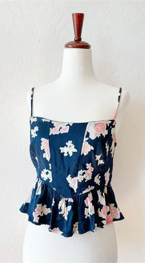 free people navy blue pink floral babydoll tank thumbnail 1