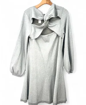 New J Crew L Knit Dress Sweater Metallic Silver Long Sleeve Mini Balloon Sleeve thumbnail 4