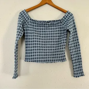 🦋 Wild Fable Blue Checkered Off the Shoulder Long Sleeve Crop Top Medium thumbnail 2