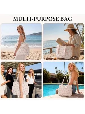 Cream Tote Bag with Pink Bow Print for Women W thumbnail 4