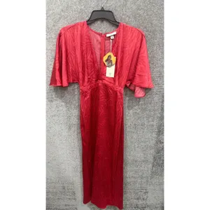 Fe Noel Target Women Dress 0 Red Jacquard Palm Flutter Sleeve V-Neck Midi thumbnail 3