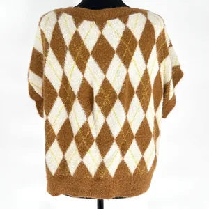 Free People Sweater Vest Women's Through the Motion Argyle Boxy Tan Cream Medium thumbnail 6