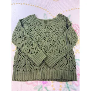 Shein Olive Green Pointelle Knit Off‎ Shoulder Sweater Boho Diamond Weave 3XL thumbnail 2