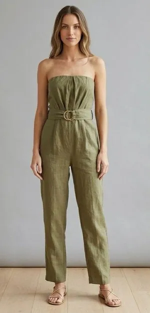 NWT Zara Women’s Textured Belted Olive Strapless Jumpsuit with Pockets Size M thumbnail 1