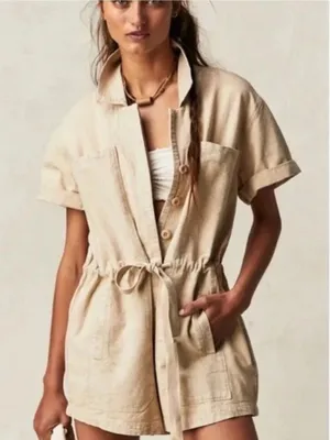 FREE PEOPLE Rhodes Chino Coverall Tan Short-Sleeve‎ Romper Size Large thumbnail 1
