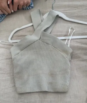 Babaton Ribbed Cross-Strap Crop Top in Light Gray thumbnail 1