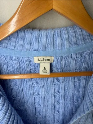 L.L.Bean Blue Cable Knit Collared V Neck 100% Cotton Sweater Heritage Classic‎ thumbnail 3