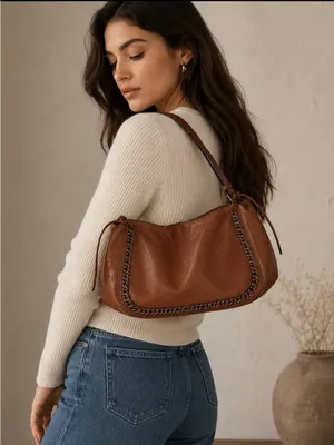 Mellow World Vegan Leather Shoulder Bag Brown Chain Trim PETA Approved thumbnail 1