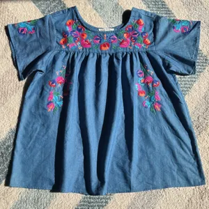 Blue Chambray Floral Embroidered Babydoll Blouse Artsy Boho Folkcore Grandmacore thumbnail 1