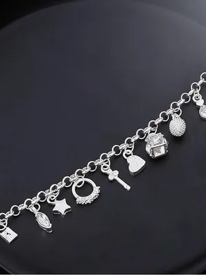 Sterling Silver Stamped 925 Charm Bracelet - Silver Heart & Cross Charms thumbnail 6