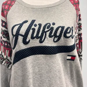 Tommy Hilfiger Gray Crewneck Sweatshirt Red Print Sleeves Navy Stitched Logo thumbnail 2