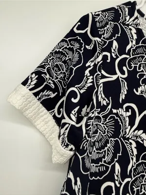 Navy Floral Asymmetrical A-Line Dress with White Trim thumbnail 6