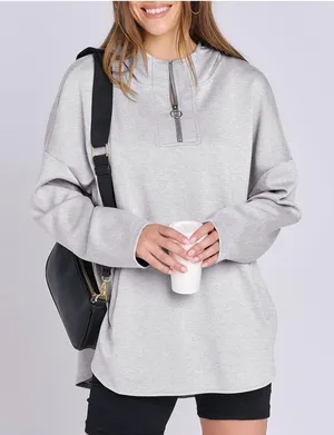 Gray oversized modern sporty chic simple travel hoodie 1/4 zipper pockets NWT M thumbnail 1