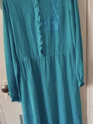 Vintage Teal Long Sleeve Midi Dress with Pintuck and Embroidered Detail thumbnail 1