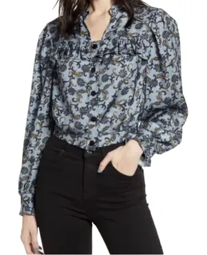 Topshop CROP BLOUSE paisley Frill In Blue Long Sleeve Boho Size 4 thumbnail 1