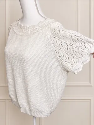 Vintage Ivory Pointelle Knit Flutter Sleeve Scalloped Sweater Top thumbnail 4