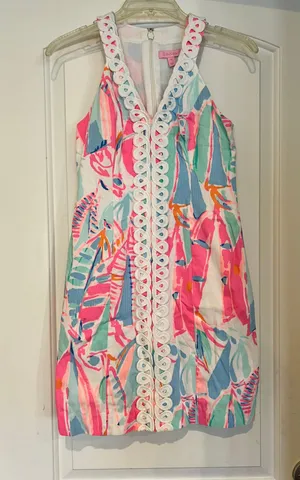 Lynn Out To Sea Sailboat Print Lace Front Sleeveless Shift Dress thumbnail 1