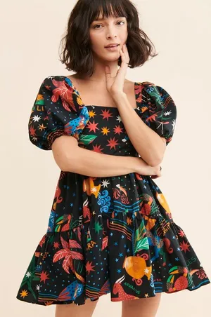 Farm Rio zodiac mini dress babydoll puff short sleeve colorful print thumbnail 1