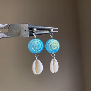 quality Czech glass beads snail shell & natural cowrie seashell dangle earrings 🌀💕 thumbnail 3