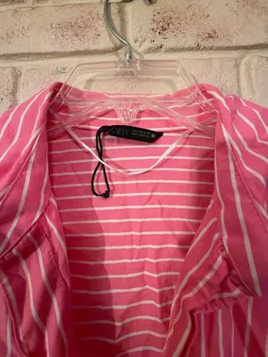Zara Pink and White Striped Long Sleeve Button Down Shirt Size M thumbnail 2