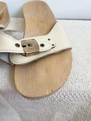 Vintage Dr Scholls Orig Clogs Women Size 6 Wooden Shoes Sandals Cream Austrian thumbnail 3